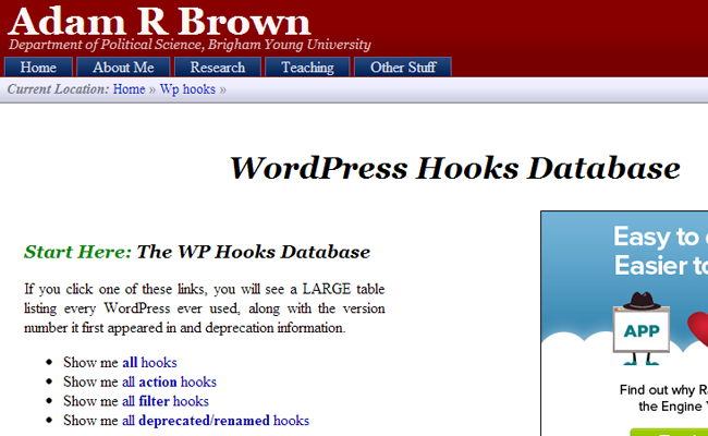 wp wordpress database hooks php list